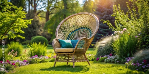 A stylish peacock chair sits serenely among lush greenery, perfect for sipping lemonade on a warm summer day, with the breeze rustling leaves. photo