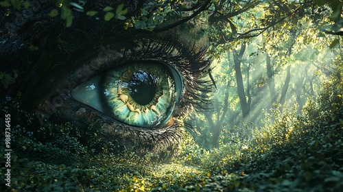 A giant, green eye peers out from a lush forest, with sunlight filtering through the trees.