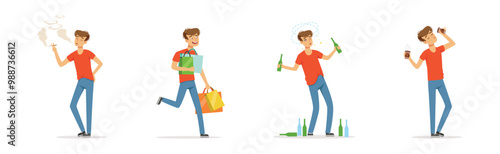 Bad Habits with Man Character Have Some Addictions Problem Vector Set