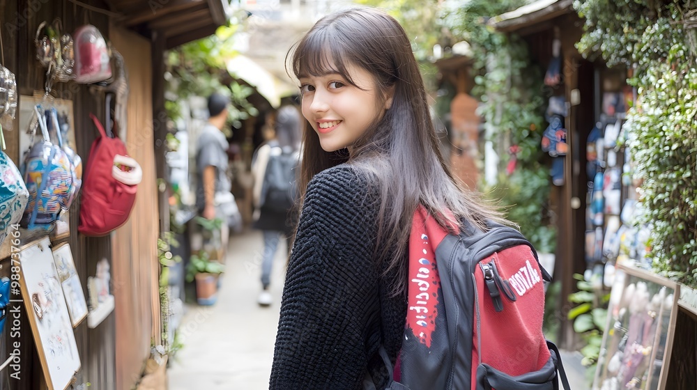 Young Woman Tourist Exploring Asian Market Street Young Woman Tourist Exploring Asian Market Street