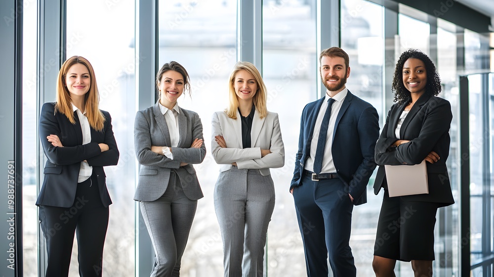 Fototapeta premium A diverse group of business professionals stand confidently in a modern office setting.