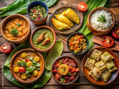 A vibrant assortment of traditional Panamanian dishes adorn a rustic wooden table, awaiting discovery.