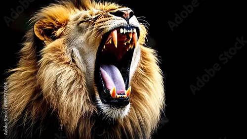 Powerful lion roaring in the dark, displaying sharp teeth and fierce expression, symbolizing strength, wildlife, and predatory instincts.

