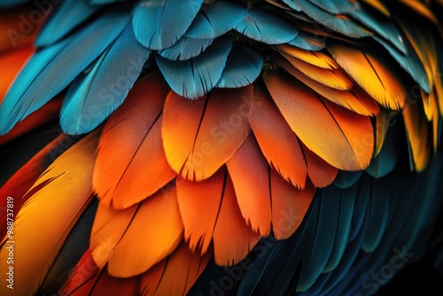 Close-up of colorful parrot feathers.