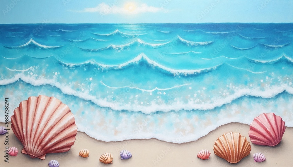 Beautiful seaside landscape, seashells on the sandy beach with gentle waves and bright blue ocean Beautiful seaside landscape, seashells on the sandy beach with gentle waves and bright blue ocean