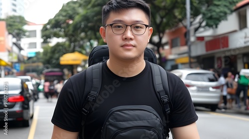 Young Man Backpacker in Urban Setting