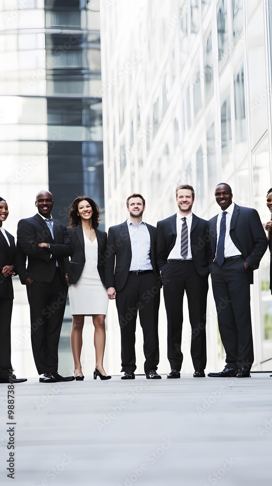 A diverse group of business professionals stand in front of a modern office building. A diverse group of business professionals stand in front of a modern office building.