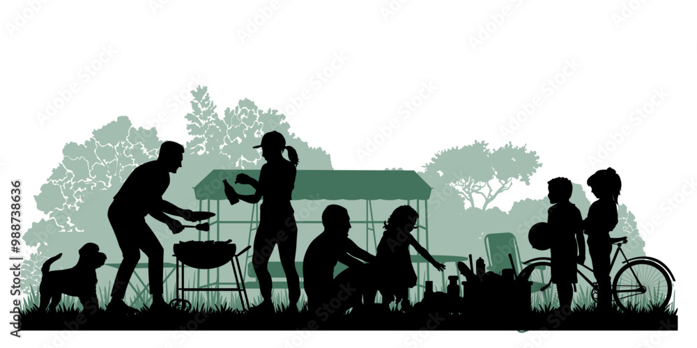 Family silhouettes. Father, mother and children had a picnic in nature. Vector illustration
Family silhouettes. Father, mother and children had a picnic in nature. Vector illustration