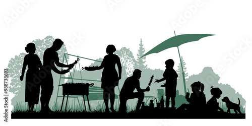 Family silhouettes. Father, mother and children had a picnic in nature. Vector illustration	
