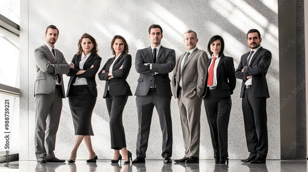 Obraz premium A diverse group of business professionals stand confidently in a modern office setting.