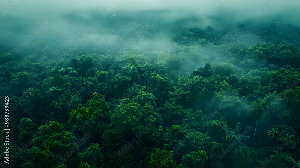 Fototapeta premium Aerial View of a Lush Rainforest Covered in Fog