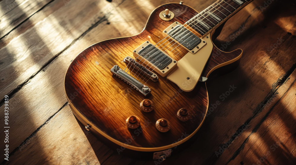 Fototapeta premium Beautifully crafted electric guitar on wooden floor illuminated by sunlight in a cozy indoor setting