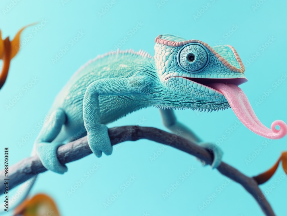 Fototapeta premium Vibrant lizard with open beak on tree branch. Tongue sticking out.