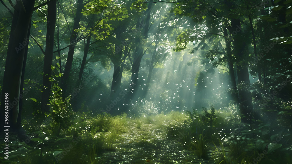 Obraz premium Sunbeams Illuminating a Lush Forest Path