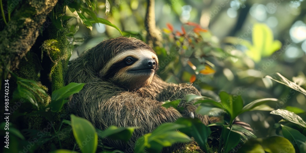 A lazy sloth in its natural environment of a lush rainforest, resting high in the treetops as it conserves energy. A lazy sloth in its natural environment of a lush rainforest, resting high in the treetops as it conserves energy.
