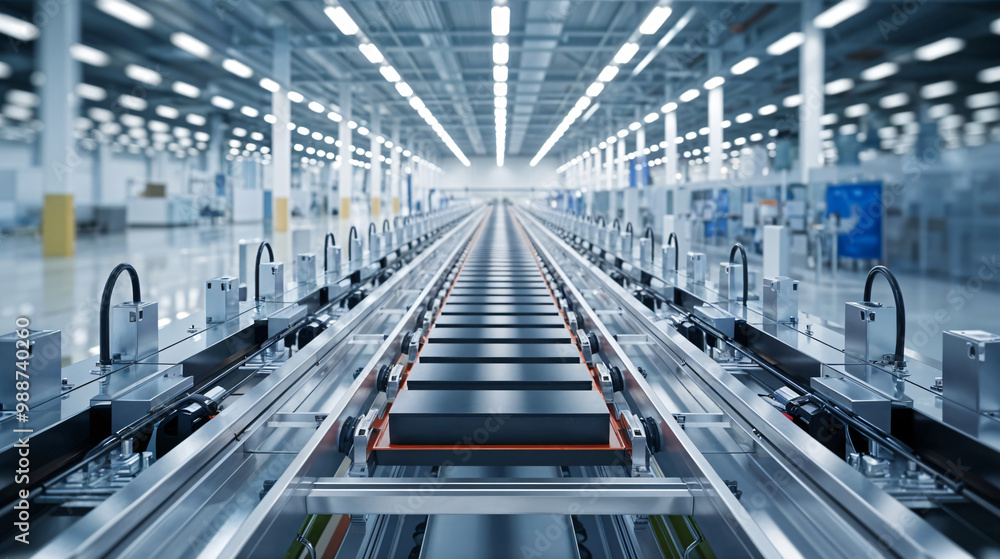 Electric car battery production line in a modern factory setting with conveyor belt and row of batteries Electric car battery production line in a modern factory setting with conveyor belt and row of batteries
