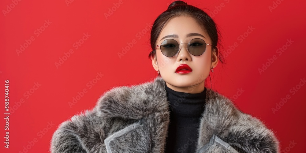 Young female model wearing a fur coat and sunglasses against red background. Young female model wearing a fur coat and sunglasses against red background.