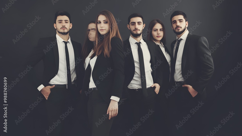 Group of young professionals in suits pose against a dark backdrop. Group of young professionals in suits pose against a dark backdrop.