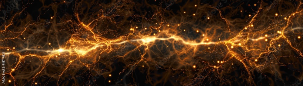 Naklejka premium A stunning cosmic scene showcasing golden, luminous energy streams against a dark backdrop, suggesting a connection between the universe and network structures.