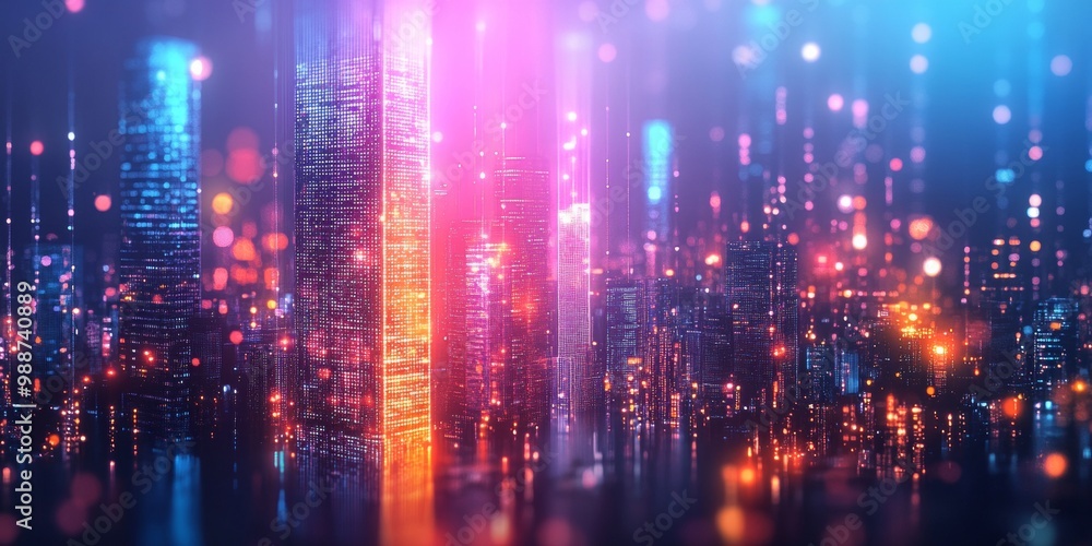 Futuristic skyscraper illuminated by vibrant LED lights, city lights softly blurred in the background, creating a dynamic urban atmosphere Futuristic skyscraper illuminated by vibrant LED lights, city lights softly blurred in the background, creating a dynamic urban atmosphere