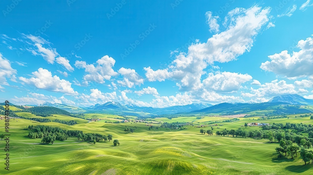 Obraz premium Vast green landscape under blue sky with fluffy clouds, serene nature view, peaceful outdoor scene.