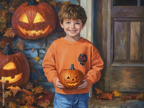 Smiling boy holding a pumpkin in an orange Halloween sweater