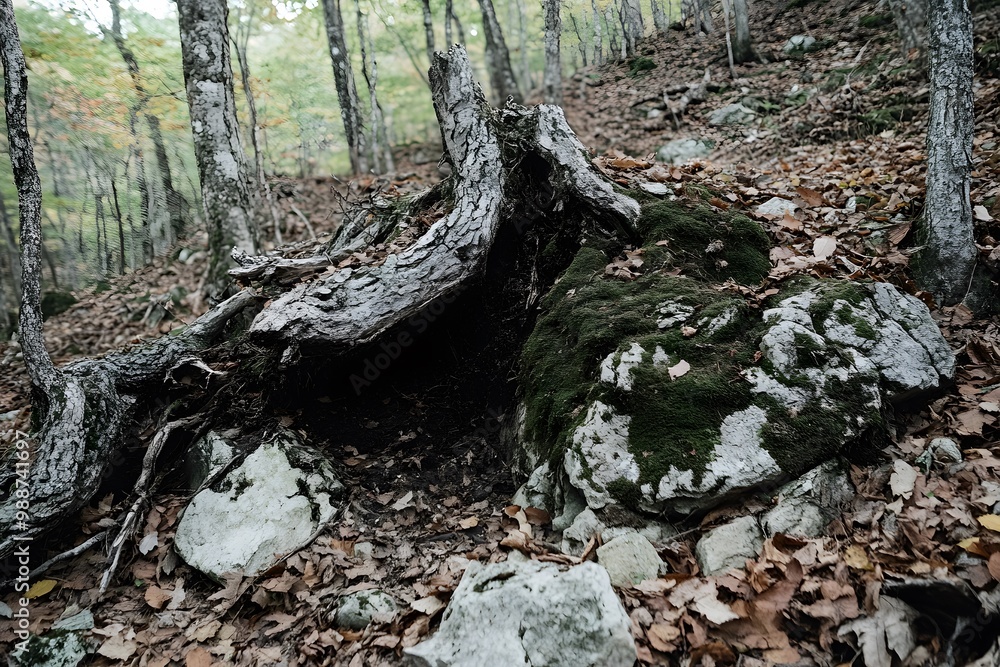 Mossy Tree Roots and Stones in Autumn Forest Mossy Tree Roots and Stones in Autumn Forest
