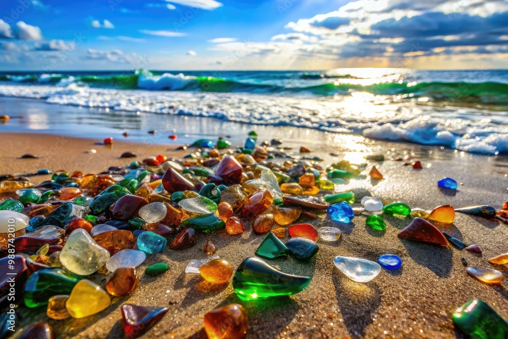 Colorful glass fragments scattered on a sandy beach with crashing waves in the background Colorful glass fragments scattered on a sandy beach with crashing waves in the background