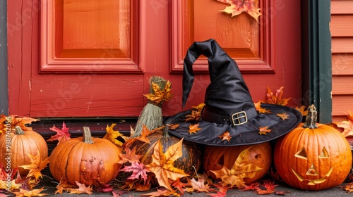 Halloween decorations. Pumpkins, a witch's hat, and autumn leaves., against an orange background photo