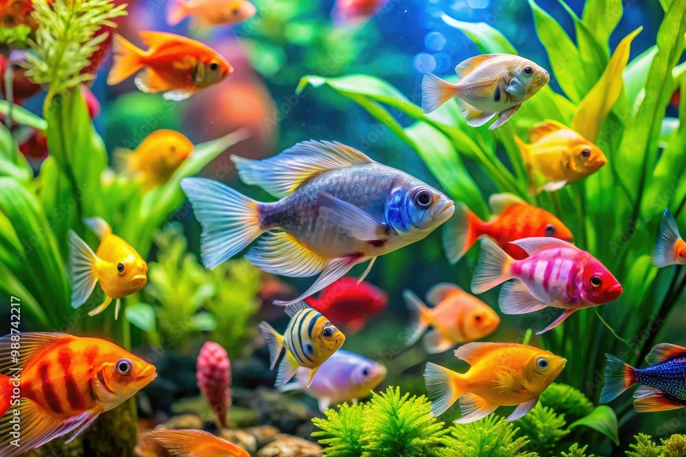 Colorful tropical fish swim cheerfully in a clean glass aquarium with green plants Colorful tropical fish swim cheerfully in a clean glass aquarium with green plants