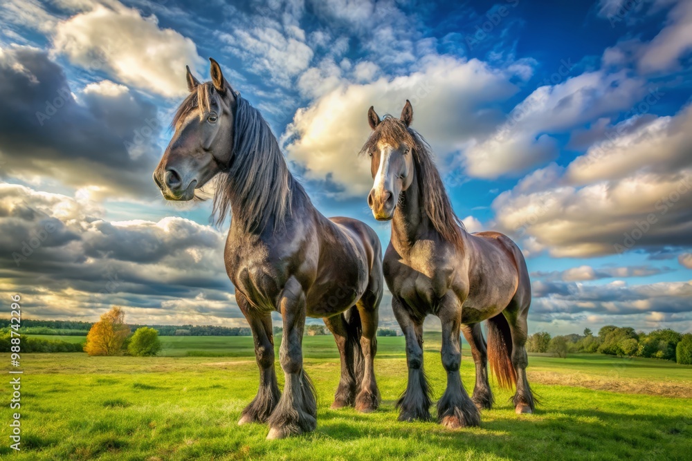 Obraz premium Majestic Percheron horses stand proudly in a tranquil pasture, embodying strength and elegance with their powerful