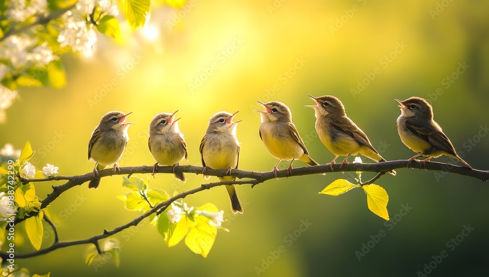 Obraz premium Small Birds Perched on a Branch in Spring
