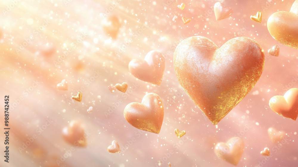 A dynamic arrangement of floating hearts with a mix of matte and glossy finishes, against a peach-pink background. The hearts are in A dynamic arrangement of floating hearts with a mix of matte and glossy finishes, against a peach-pink background. The hearts are in