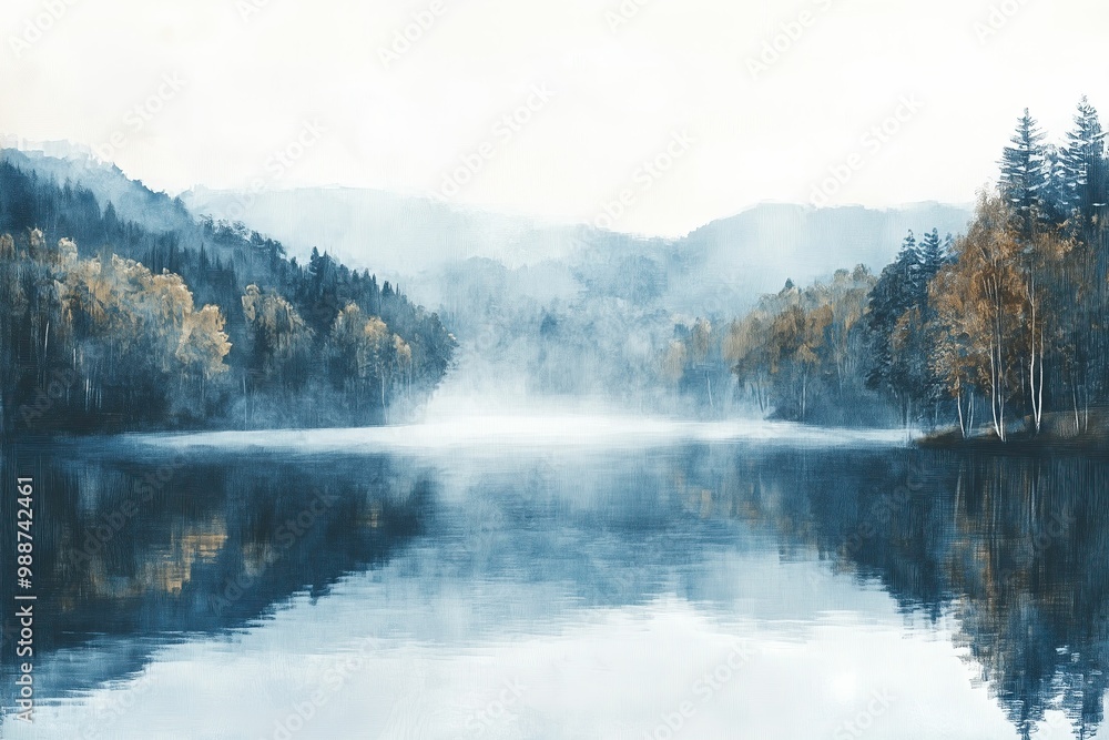 Foggy morning by a lake with forest banks Foggy morning by a lake with forest banks