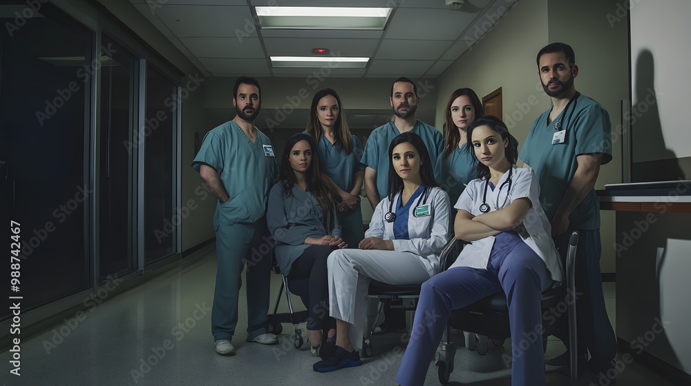 A group of medical professionals stand in a hospital hallway. A group of medical professionals stand in a hospital hallway.