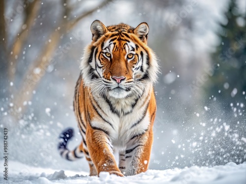 Majestic Tiger Roaming Through a Snowy Landscape in Winter Season Surrounded by White Snowflakes