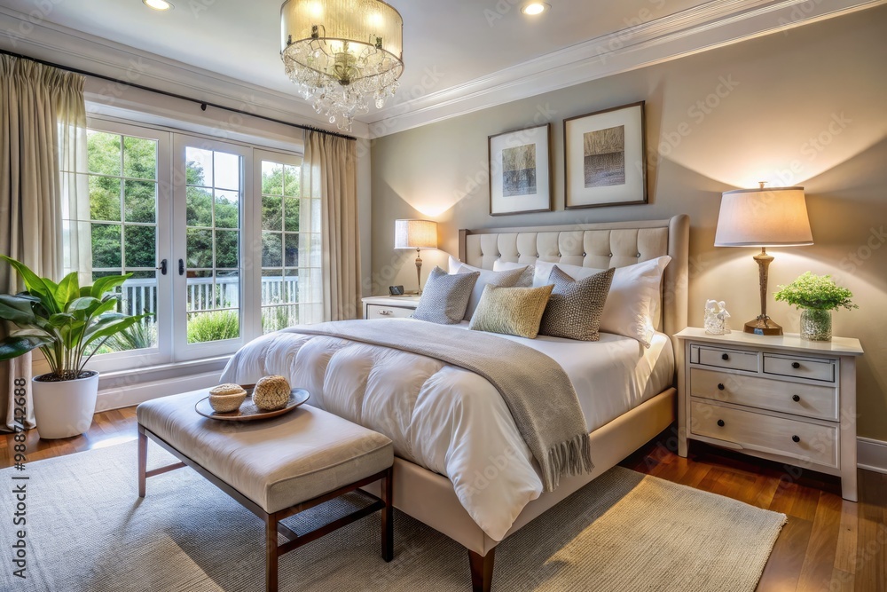 Fototapeta premium Cozy white linens, soft pillows, and a serene ambiance create a tranquil bedroom sanctuary.