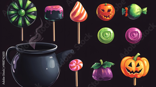 Kawaii Halloween: Cute Pumpkins, Ghosts, Bats & Cats with Colorful Backgrounds