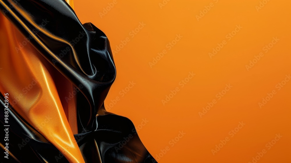 High saturation closeup of a luxurious black and gold Halloween banner, elegantly hung against an orange background, with clean composition and plenty of blank space for text High saturation closeup of a luxurious black and gold Halloween banner, elegantly hung against an orange background, with clean composition and plenty of blank space for text