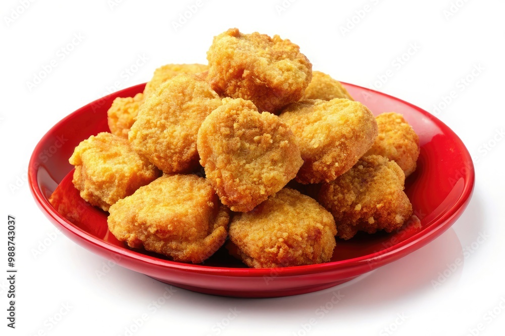 Crispy bite-sized nuggets adorn the red plate, standing out against the clean white background in a visually appealing and mouthwatering arrangement. Crispy bite-sized nuggets adorn the red plate, standing out against the clean white background in a visually appealing and mouthwatering arrangement.