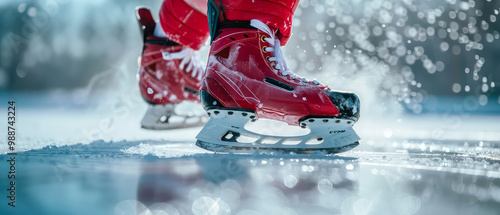 Wallpaper Mural Close up of hockey skates in motion. Hockey player at the outdoor ice rink, arena with scenery winter nature view. Hockey competition at ice stadium. professional sport. Generative ai Torontodigital.ca