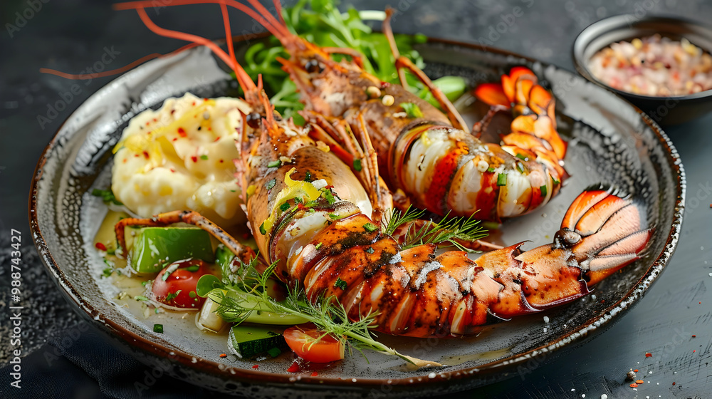 Grilled Lobster with Mashed Potatoes and Fresh Herbs - Delicious Seafood Dish Grilled Lobster with Mashed Potatoes and Fresh Herbs - Delicious Seafood Dish