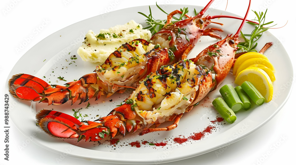 Grilled Lobster Tail with Lemon Wedges and Mashed Potatoes Grilled Lobster Tail with Lemon Wedges and Mashed Potatoes