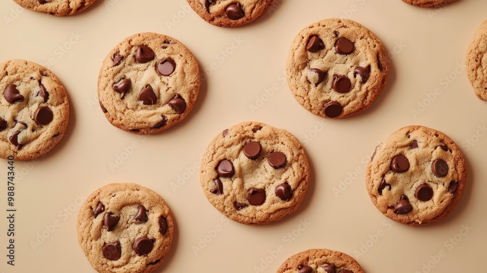 A collection of freshly baked chocolate chip cookies arranged on a light surface. A collection of freshly baked chocolate chip cookies arranged on a light surface.
