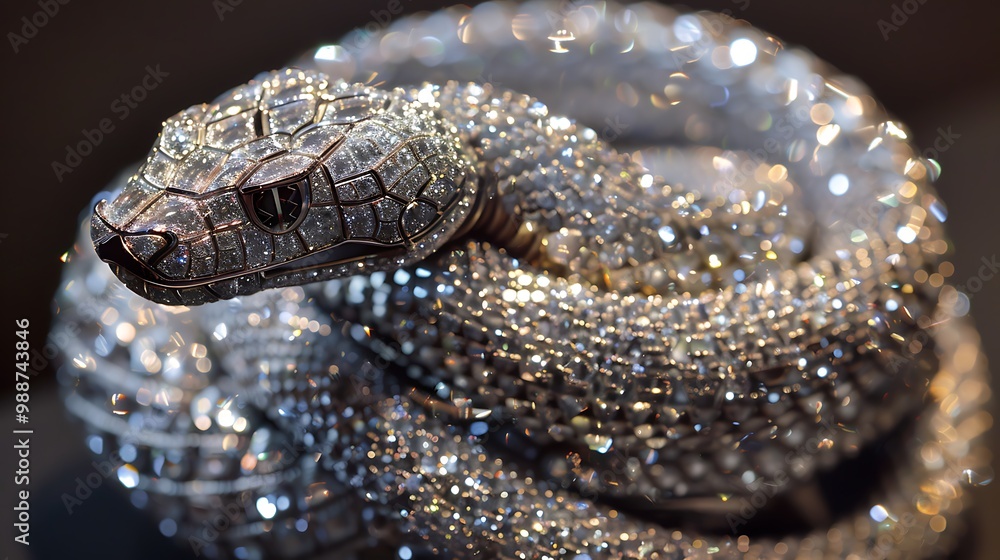 A bracelet covered in diamonds has a snake coiling around it A bracelet covered in diamonds has a snake coiling around it