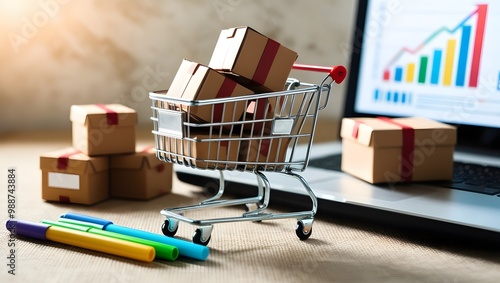 Carton boxes in cart and some boxes on table and sales data economic growth graph on laptop  screen, buying and selling services online on network, cyber Monday and e-commerce concept.