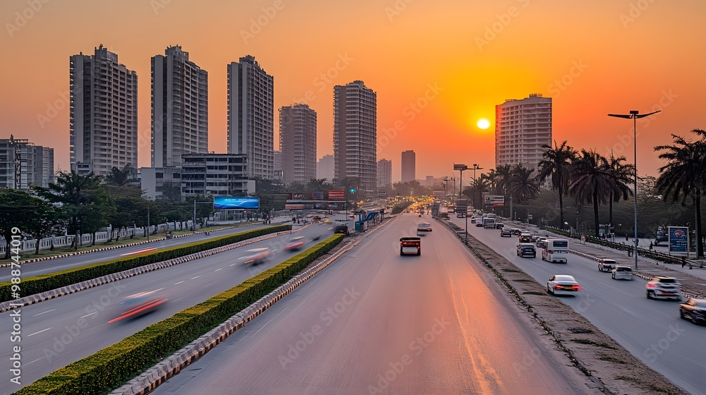 Cityscape with Sunset Highway and Traffic Cityscape with Sunset Highway and Traffic