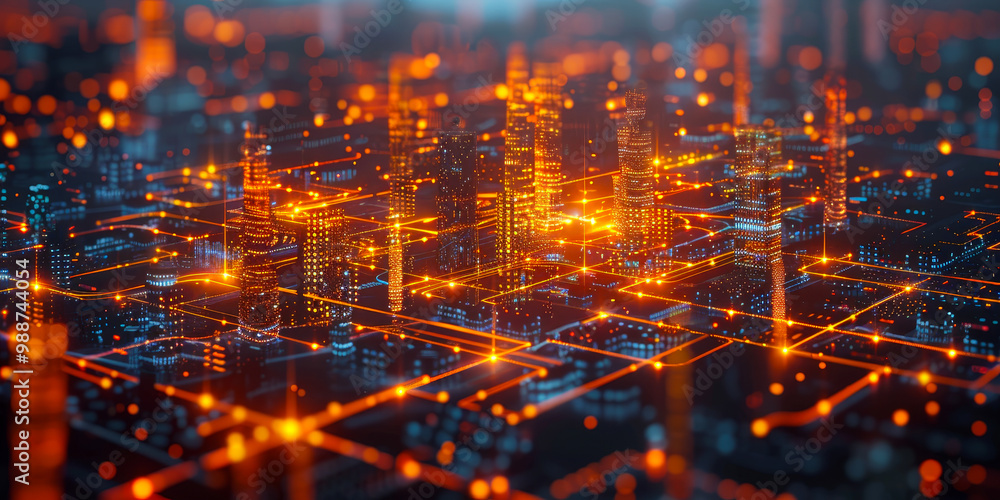 Obraz premium Illuminated Digital Network in Suburban Community: Smart Homes, IoT Integration, and DX at Night