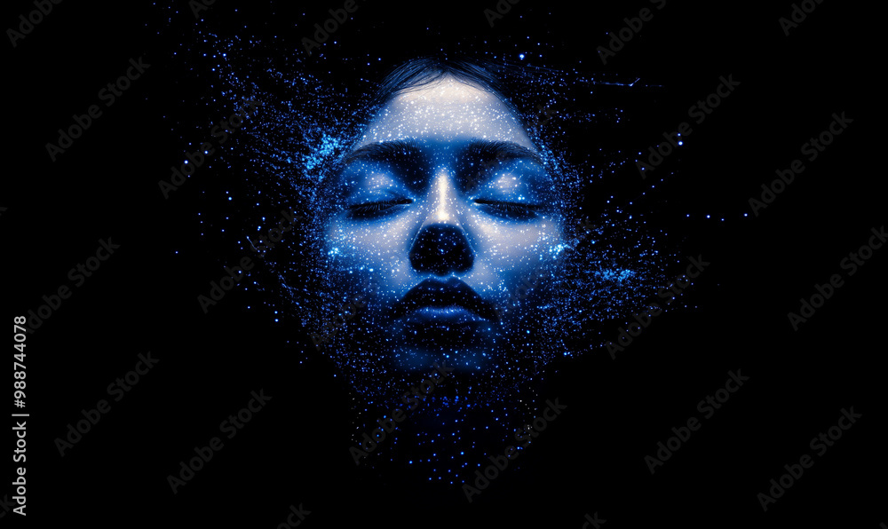 Abstract digital face dissolving into stardust particles, symbolizing the fusion of artificial intelligence, human consciousness, and the digital universe