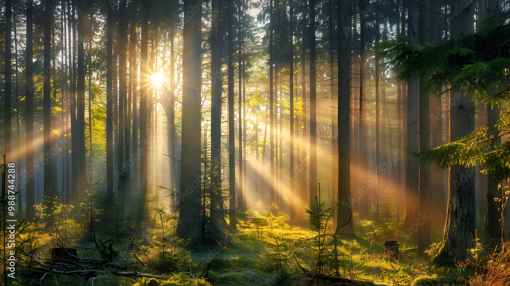 Sunbeams Through the Misty Forest - A Serene Landscape Sunbeams Through the Misty Forest - A Serene Landscape